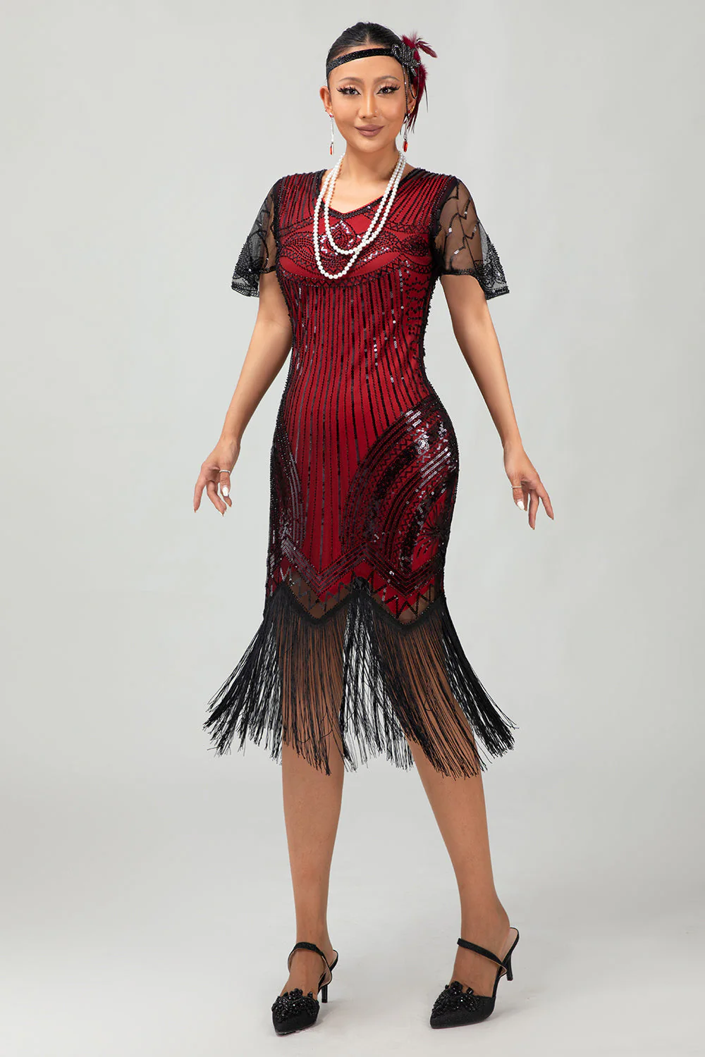 Robe courte moulante noire scintillante à franges rouges des années 1920 avec franges - Image 6