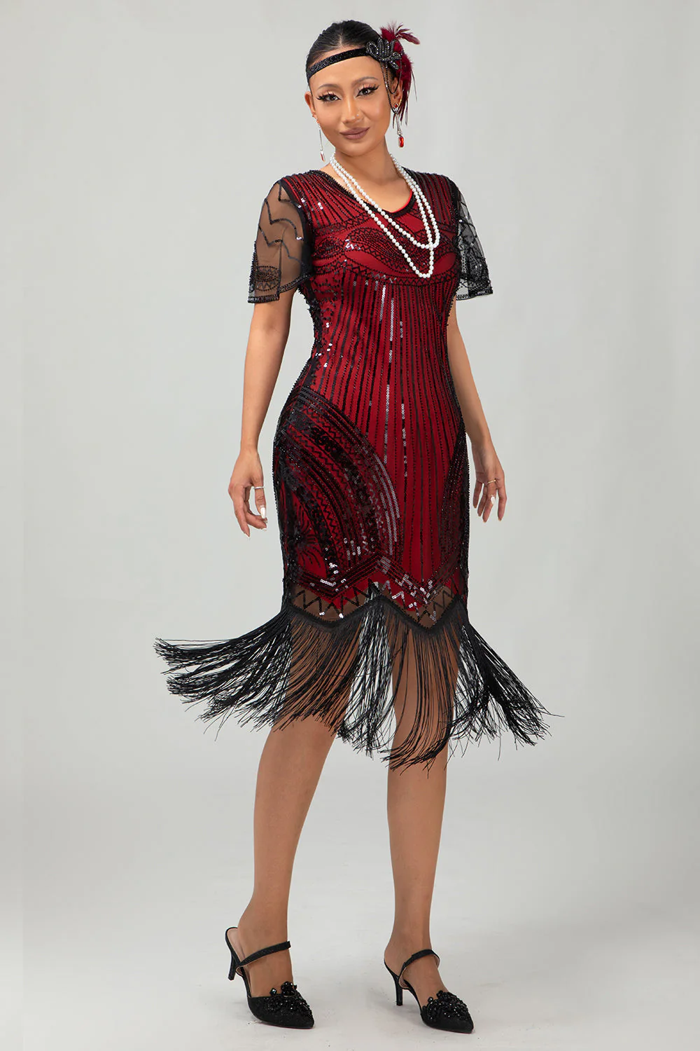 Robe courte moulante noire scintillante à franges rouges des années 1920 avec franges - Image 7