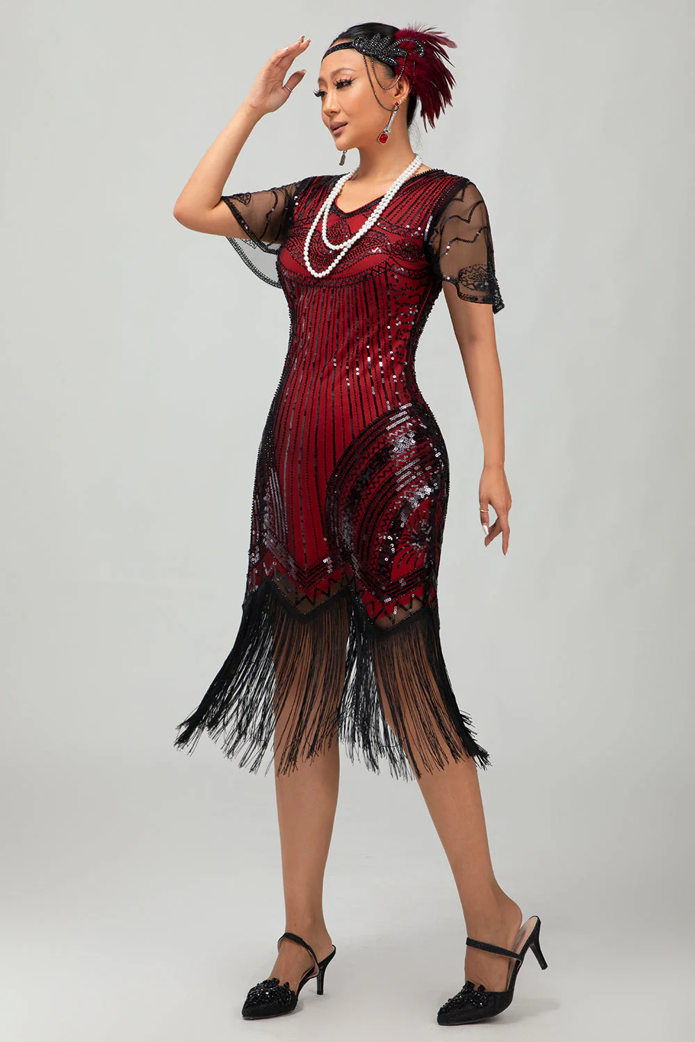 Robe courte moulante noire scintillante à franges rouges des années 1920 avec franges - Image 8