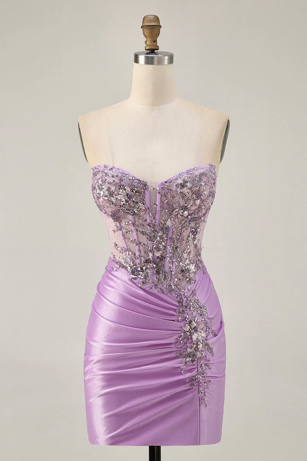 Robe courte moulante sans bretelles lilas scintillante avec lacets dans le dos