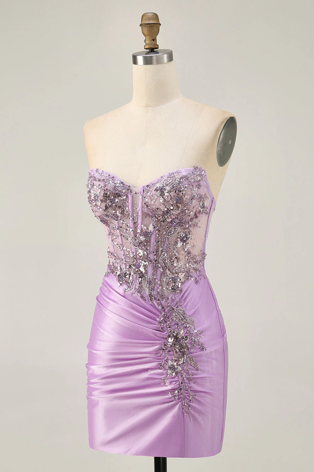 Robe courte moulante sans bretelles lilas scintillante avec lacets dans le dos - Image 3