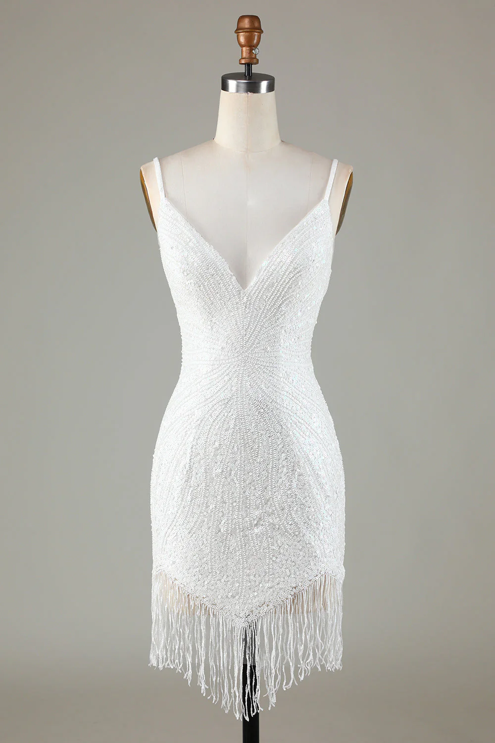 Robe de cocktail courte moulante scintillante blanche avec perles - Image 3
