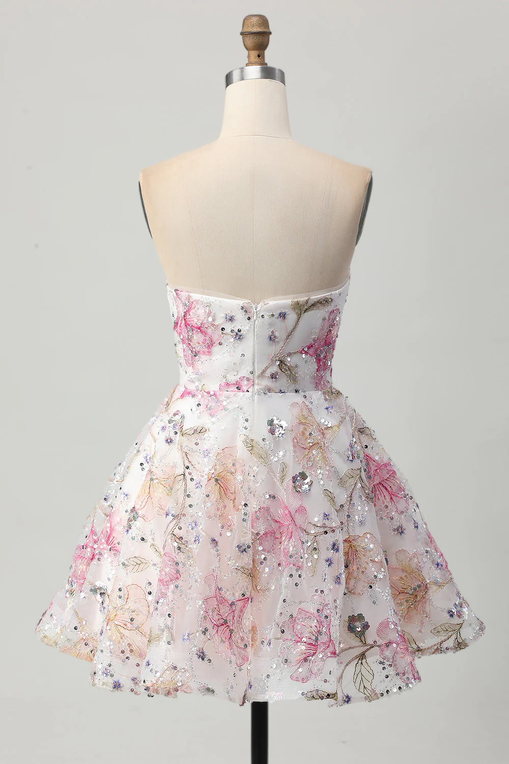 Robe courte trapèze à paillettes scintillantes sans bretelles fleurie pour les retrouvailles - Image 8