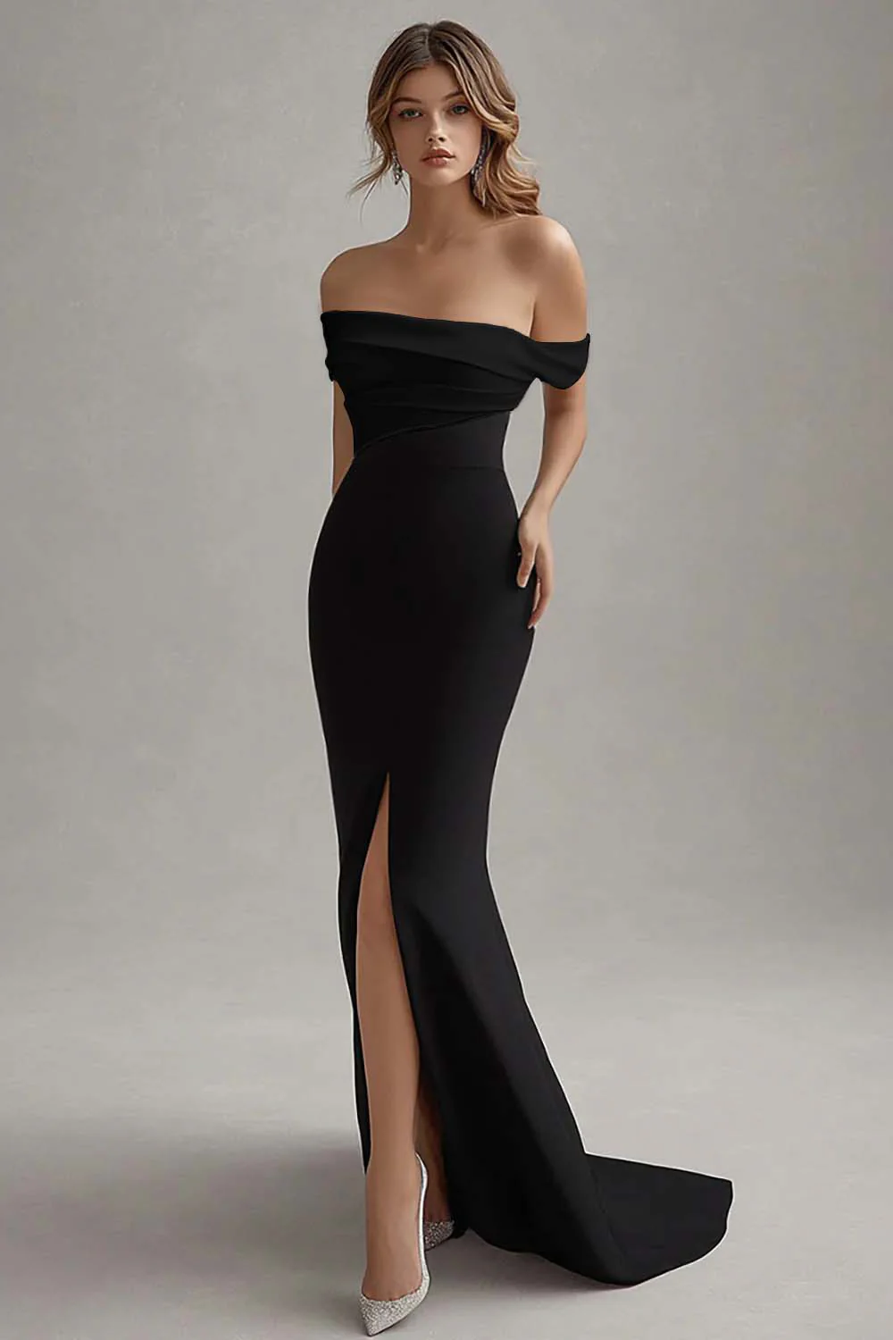 Robe cravate noire fourreau en satin mat à épaules dénudées - Image 3