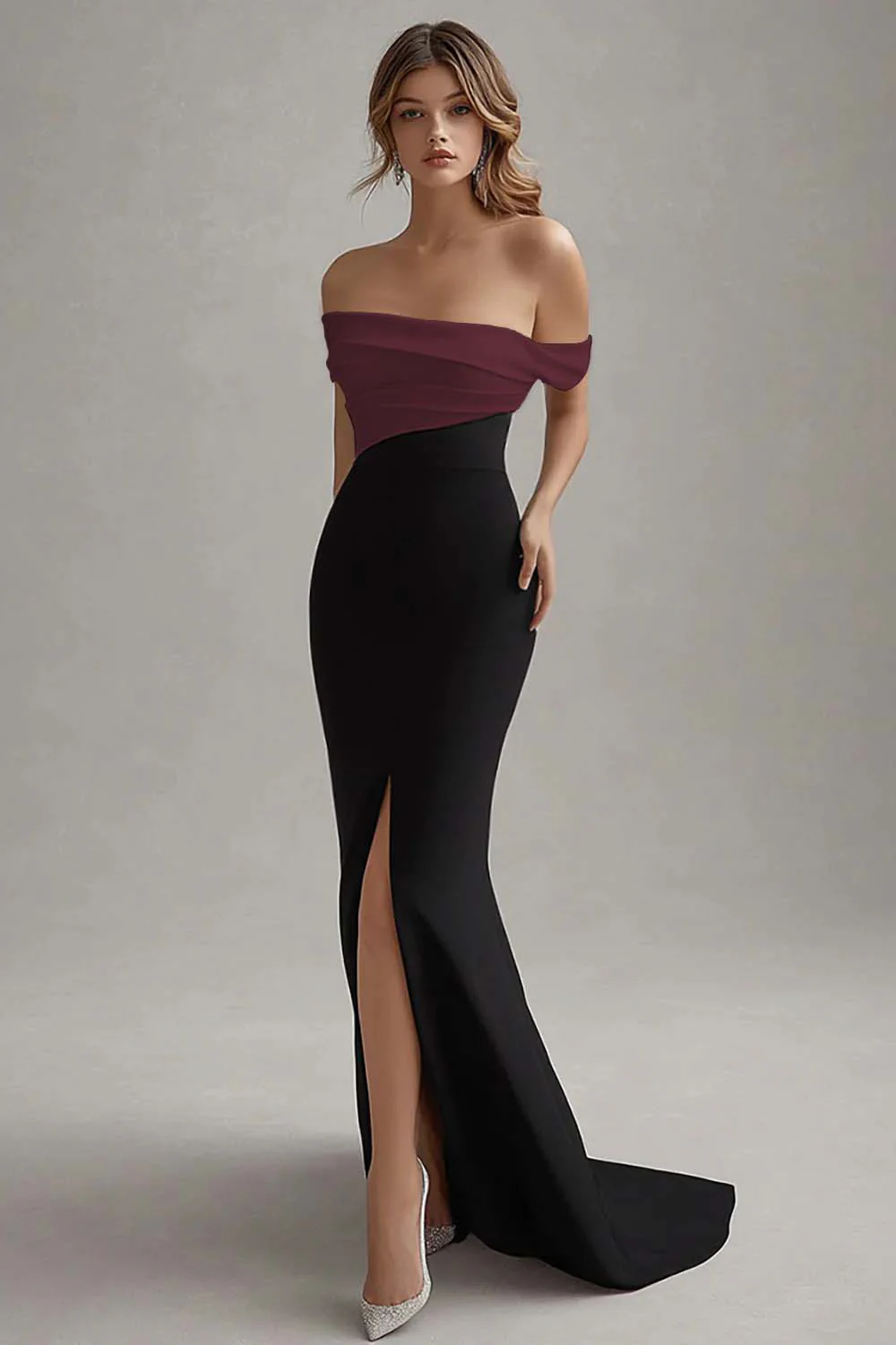 Robe cravate noire fourreau en satin mat à épaules dénudées - Image 4