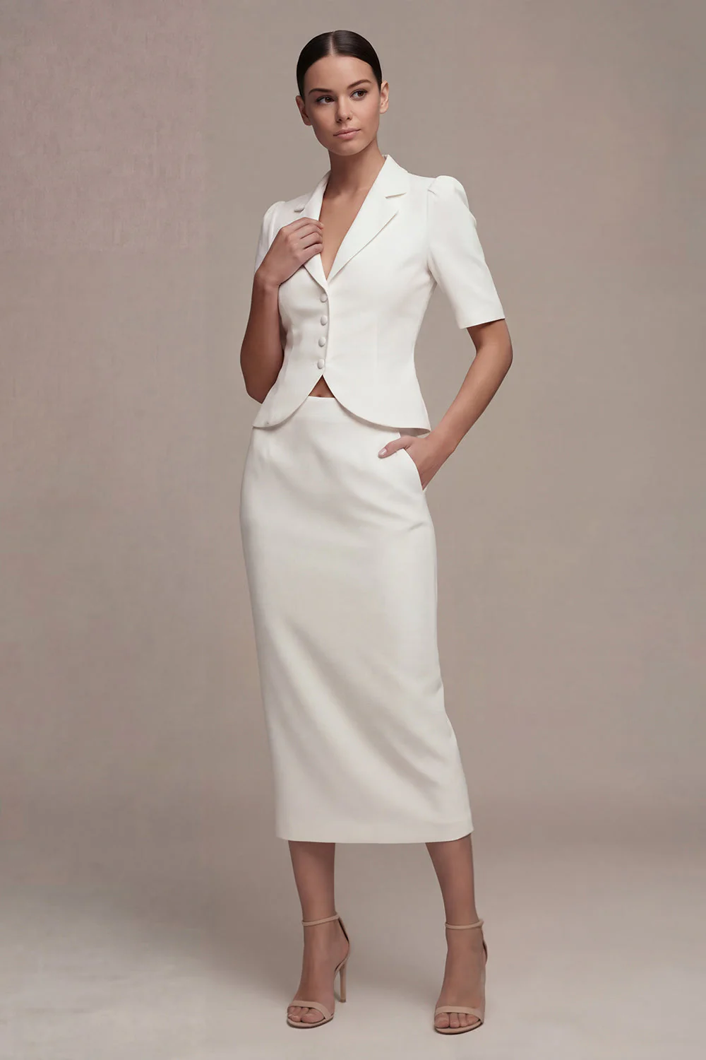 Robe d’affaires blanche à boutonnage simple en deux pièces, revers à crante, longue robe d’affaires avec poches