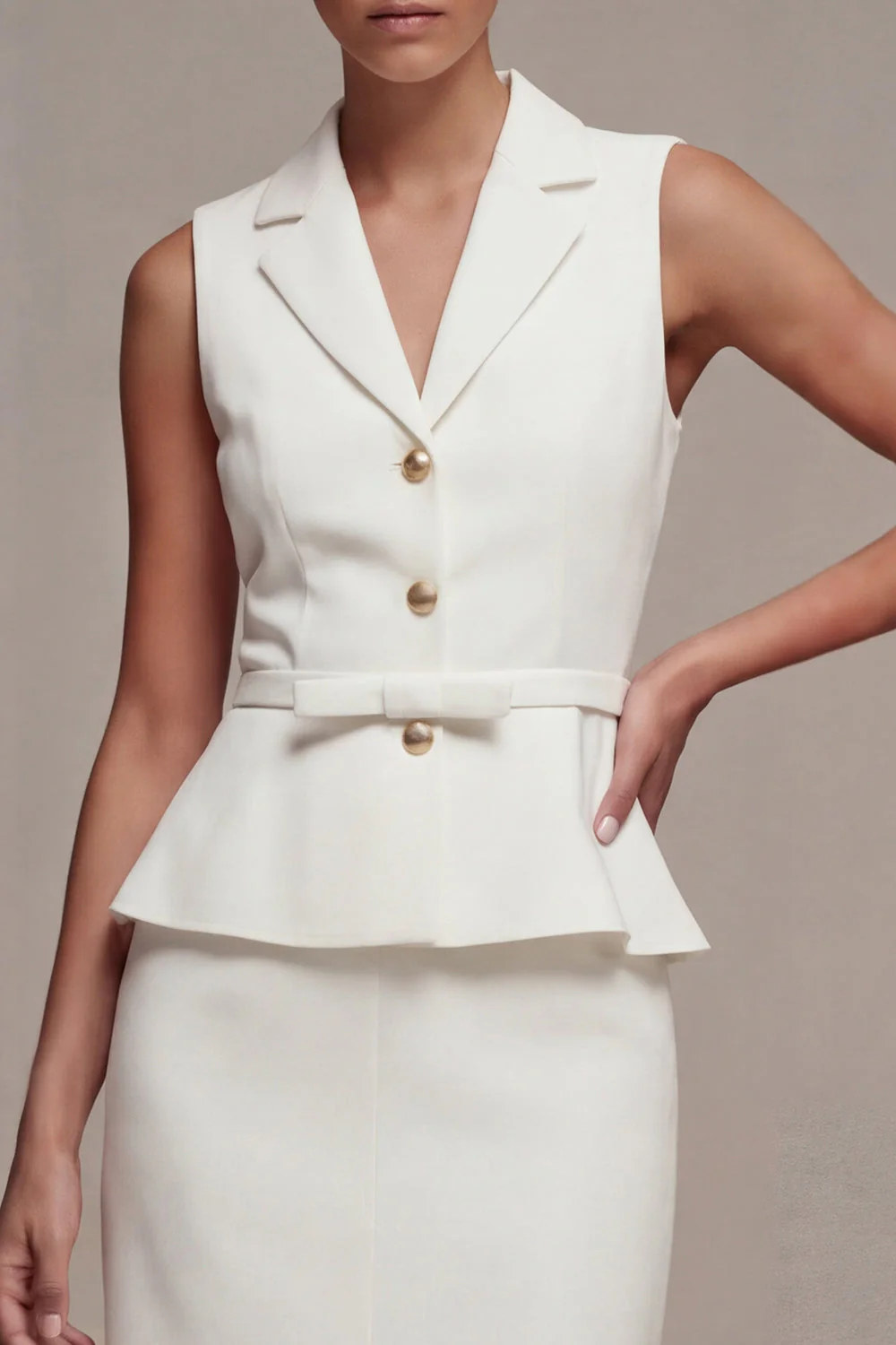 Robe d’affaires blanche midi 2 pièces à revers cranté, simple boutonnage avec fente - Image 3