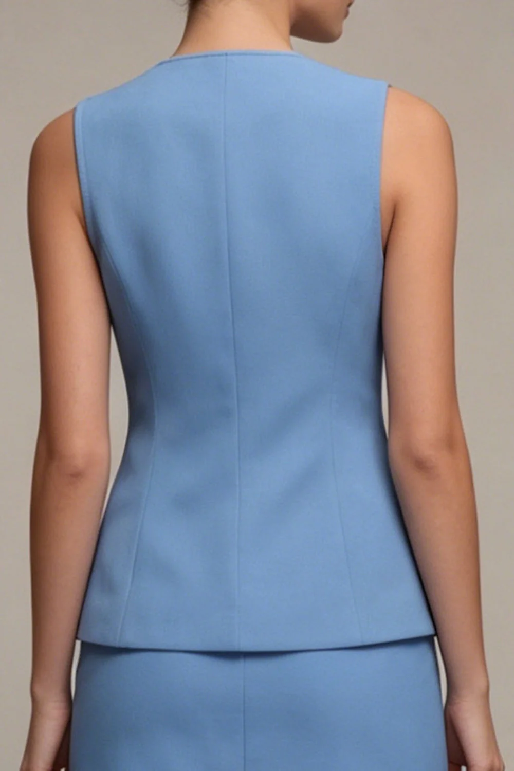 Robe d’affaires bleue acier à col rond en deux pièces, courte boutonne, simple - Image 4