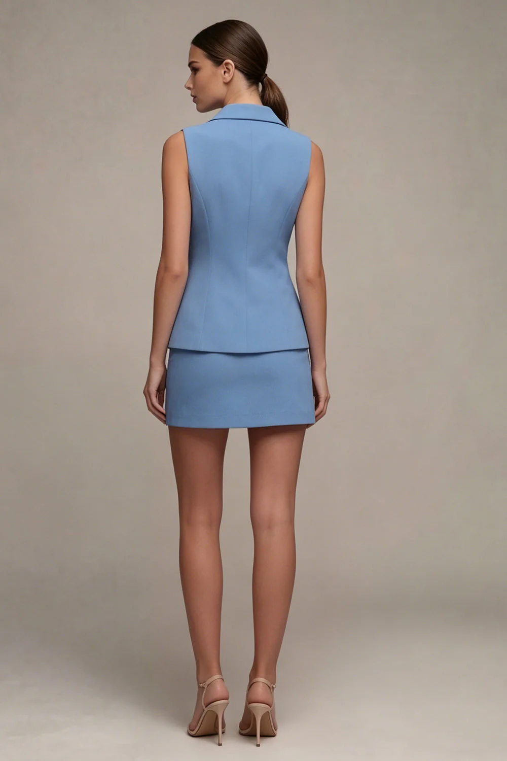 Robe d’affaires courte à boutonnage simple bleu acier en 2 pièces à coupe ajustée - Image 2