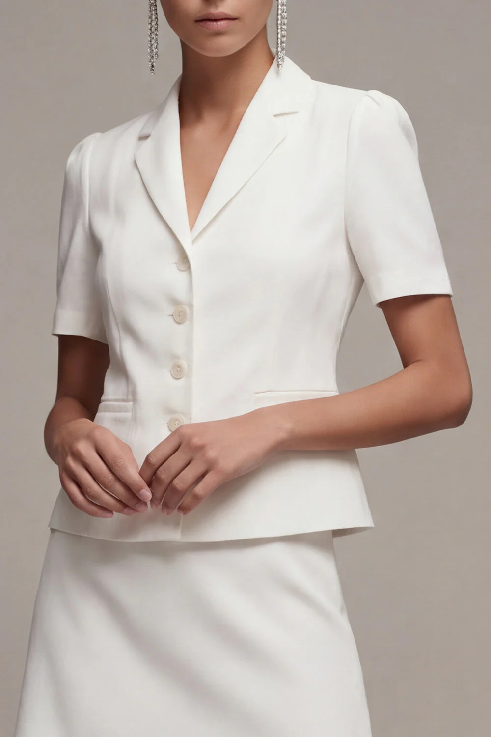 Robe d’affaires courte blanche à boutonnage simple boutonné en deux pièces et manches - Image 3
