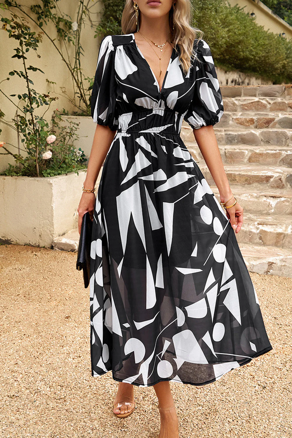 Robe d’été imprimée col V noir à col imprimé - Image 5