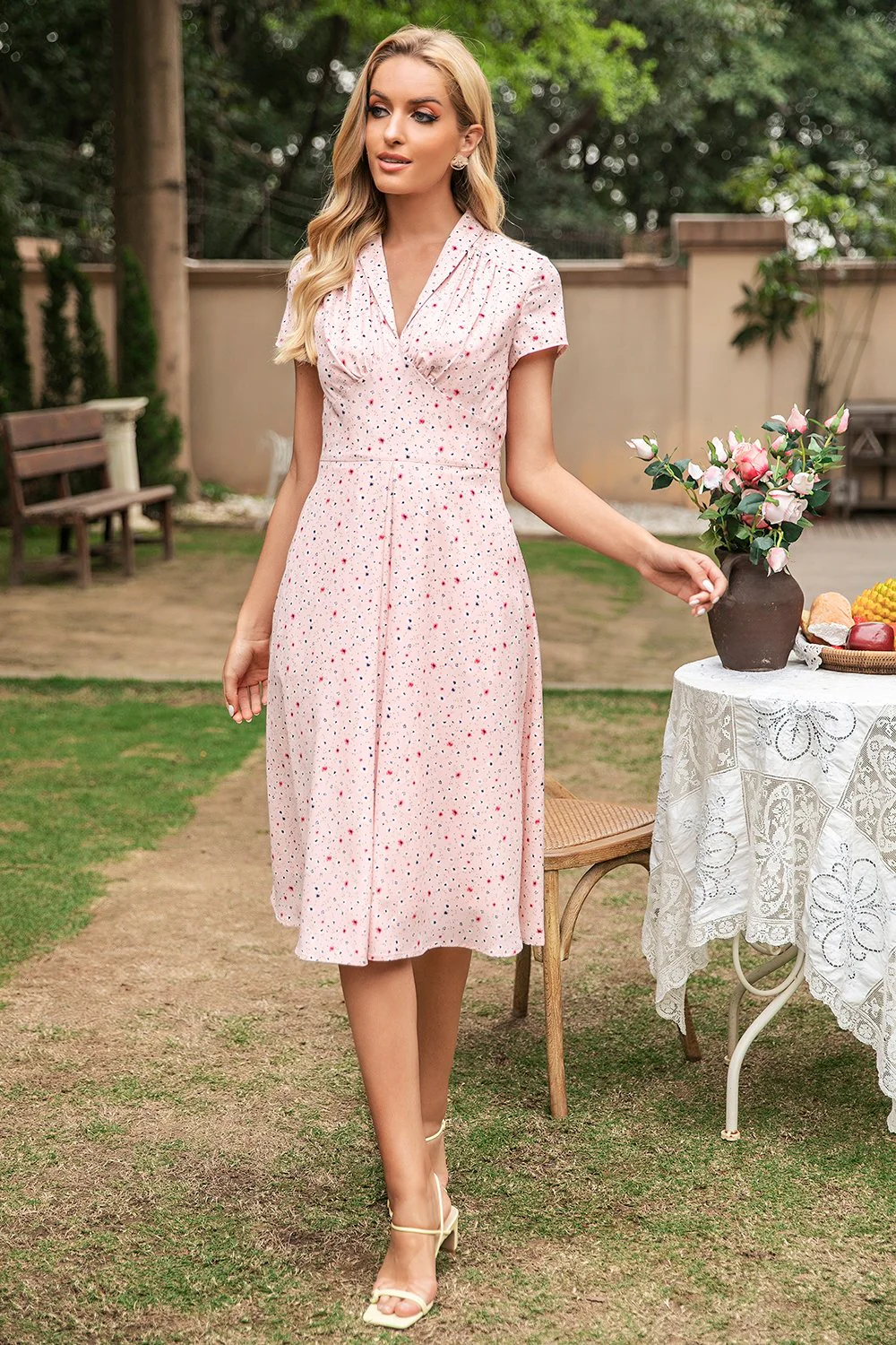 Robe d’été imprimée Rose Col en V - Image 3