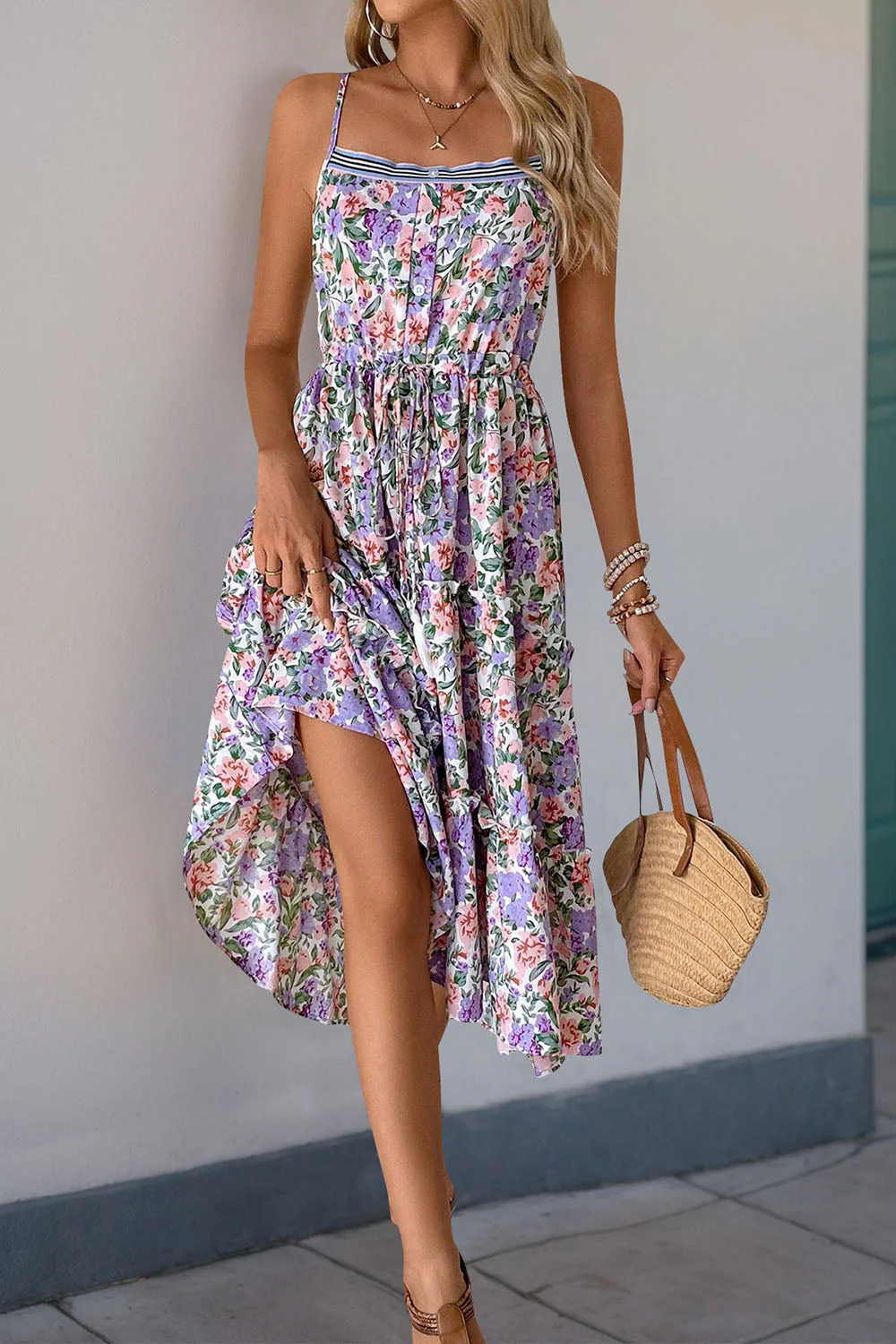 Robe d’été imprimée Purple Floral A Line - Image 4