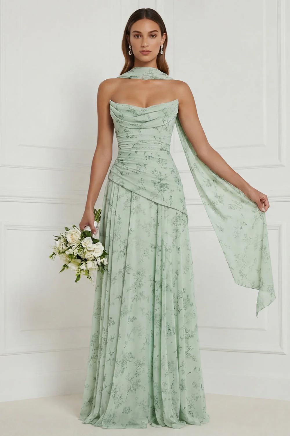 Robe d’honneur longue à la ligne A Strapless Dusty Sage et écharpe