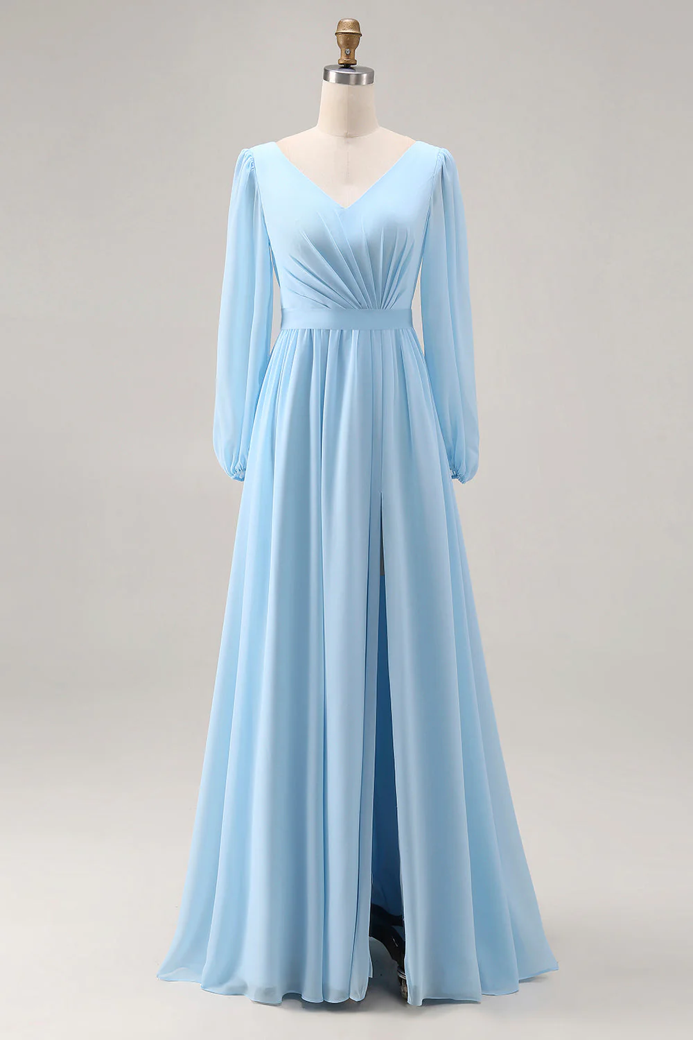 Robe d’invité de mariage bleu ciel à manches longues à manches froncées et fente