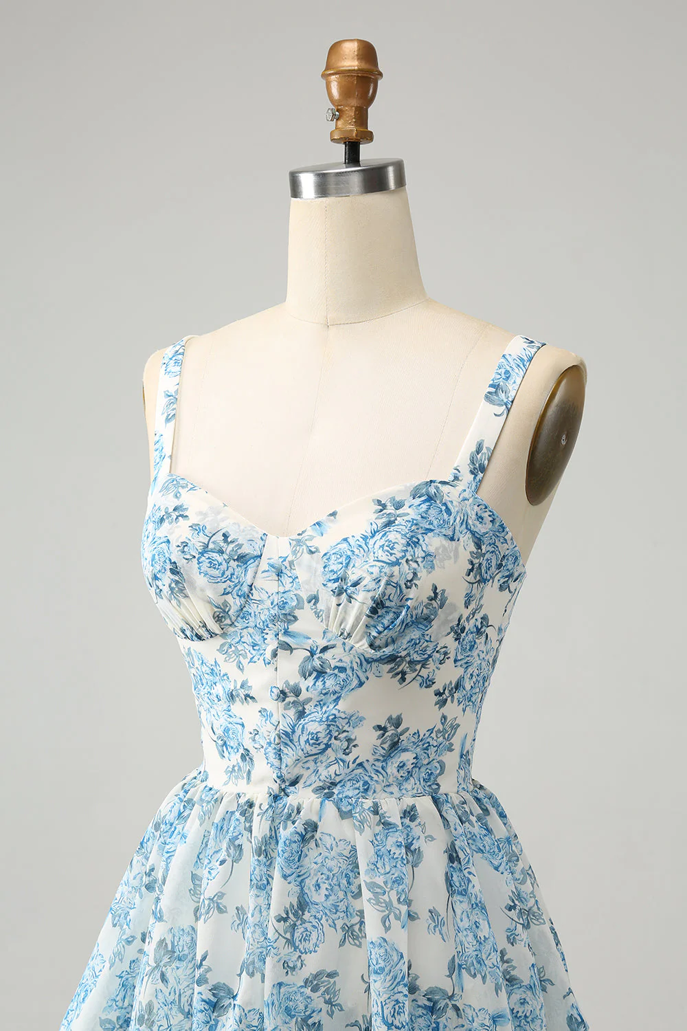Robe d’invitée de mariage à fleurs à plusieurs niveaux de corset bleu blanc - Image 6