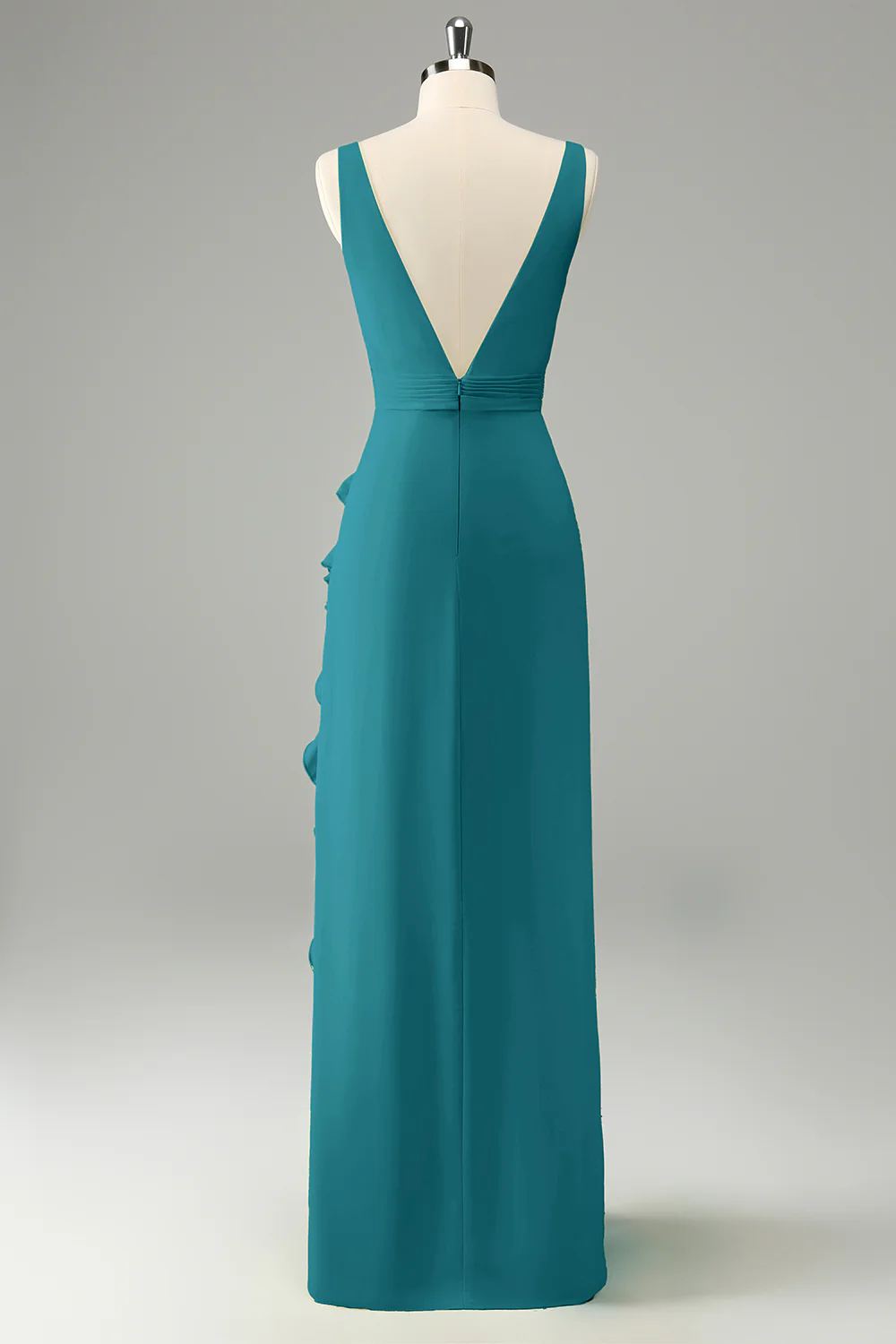 Robe d’invitée de mariage à volants à col en V profond fuchsia avec fente - Image 4