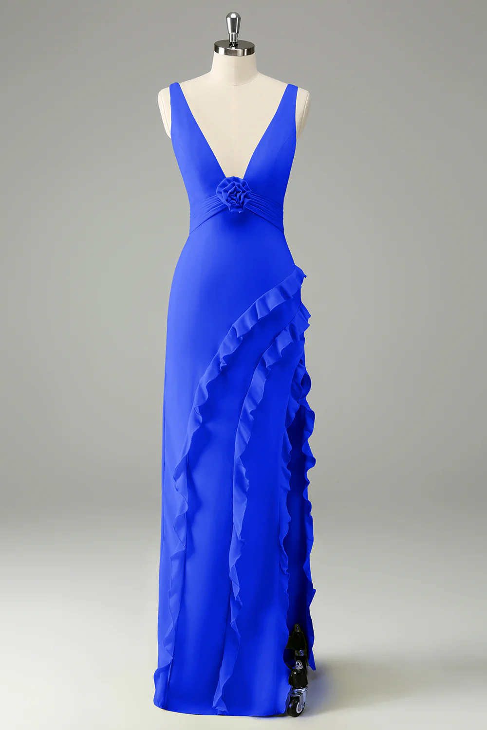 Robe d’invitée de mariage à volants à col en V profond fuchsia avec fente - Image 5