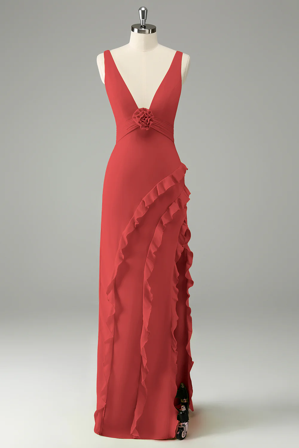 Robe d’invitée de mariage à volants à col en V profond fuchsia avec fente - Image 7