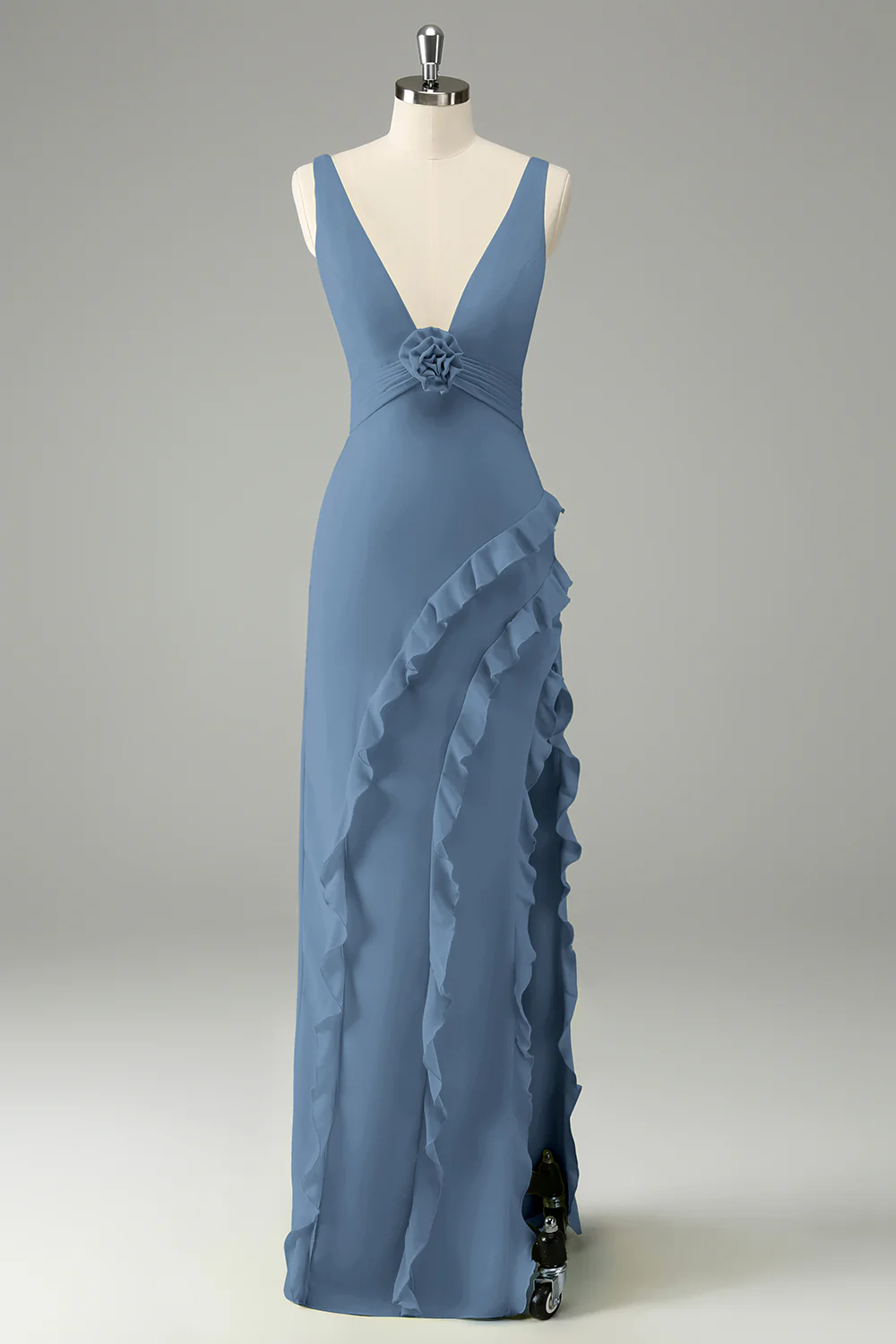 Robe d’invitée de mariage à volants à col en V profond fuchsia avec fente - Image 9