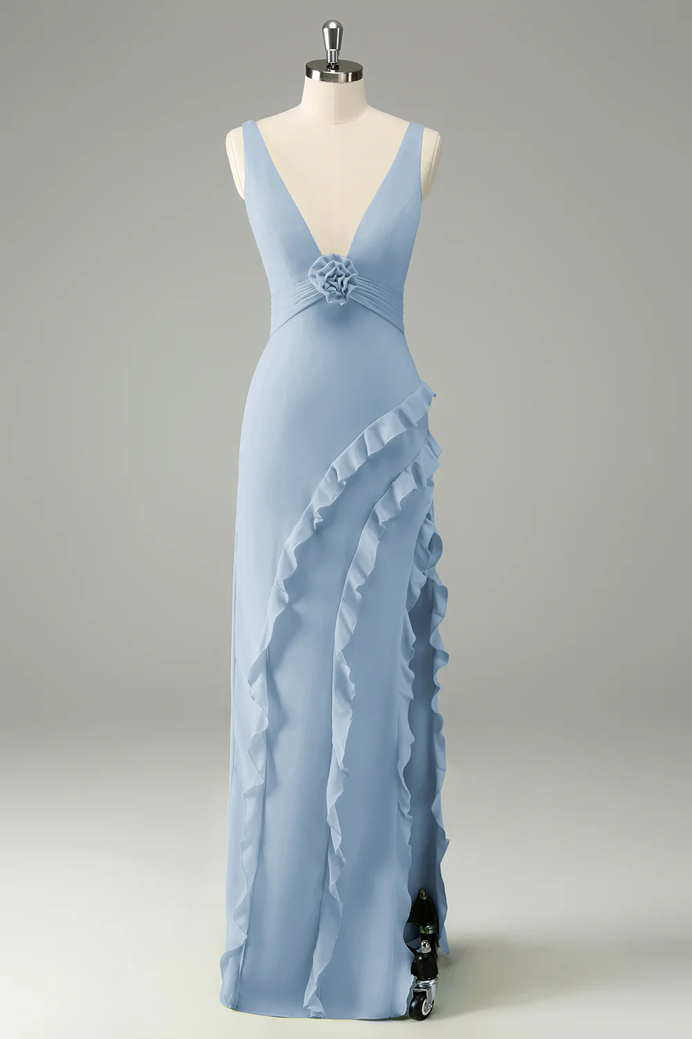 Robe d’invitée de mariage à volants à col en V profond jonquille avec fente - Image 5