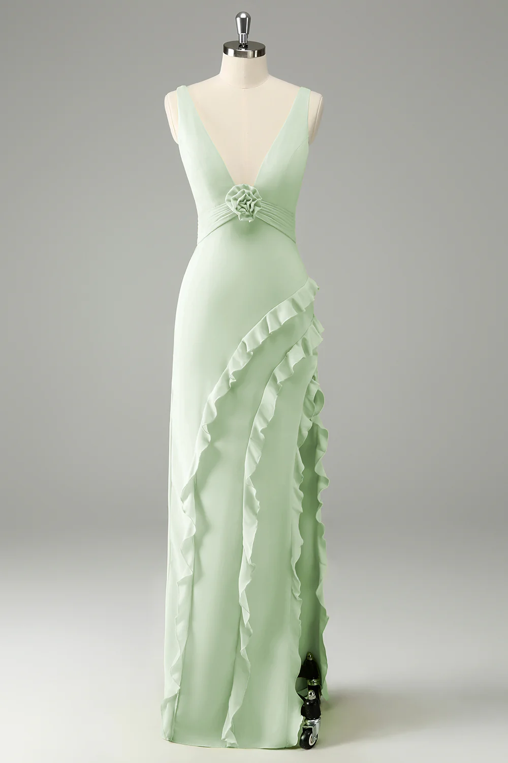 Robe d’invitée de mariage à volants à col en V profond jonquille avec fente - Image 7