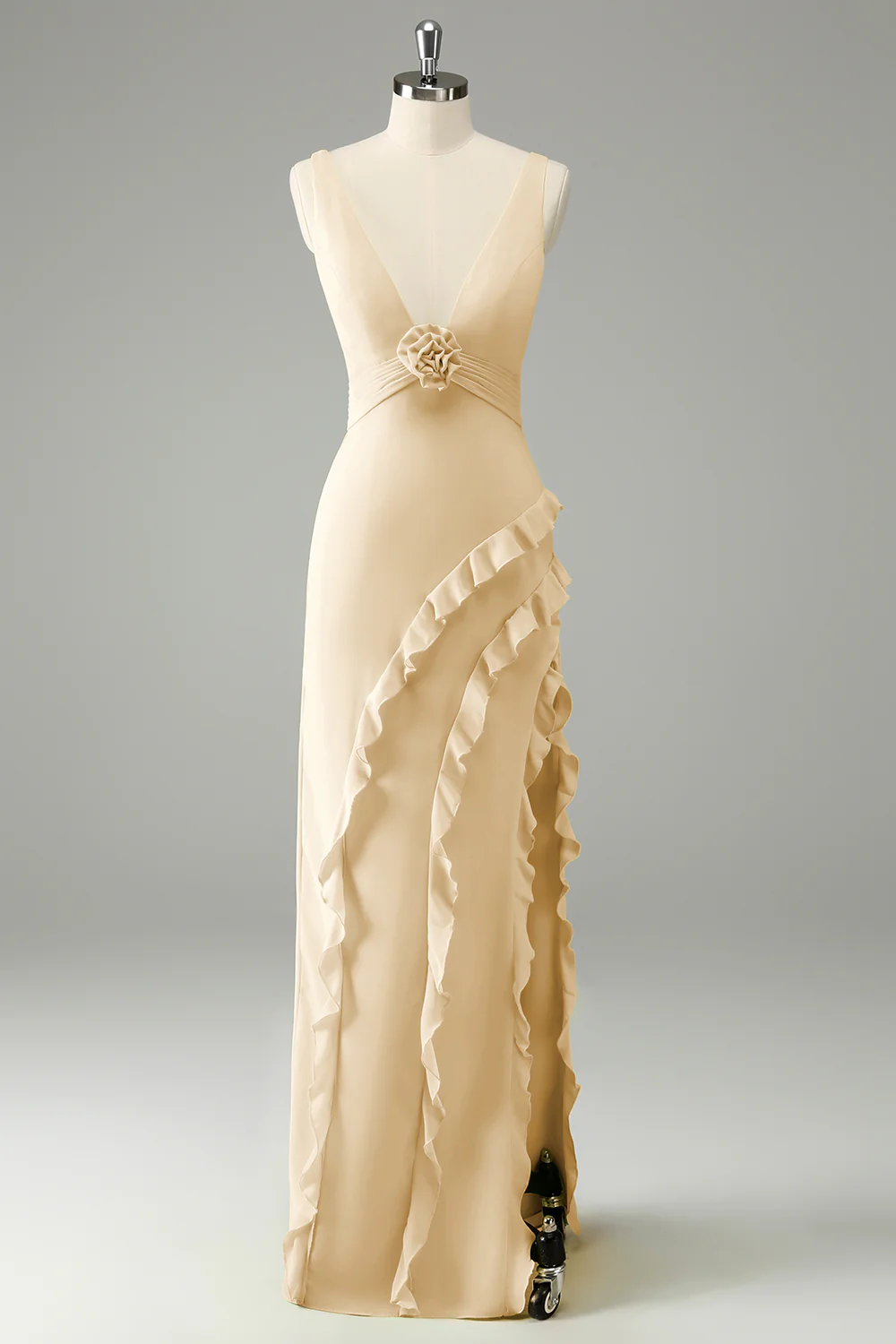Robe d’invitée de mariage à volants à col en V profond lime avec fente - Image 11