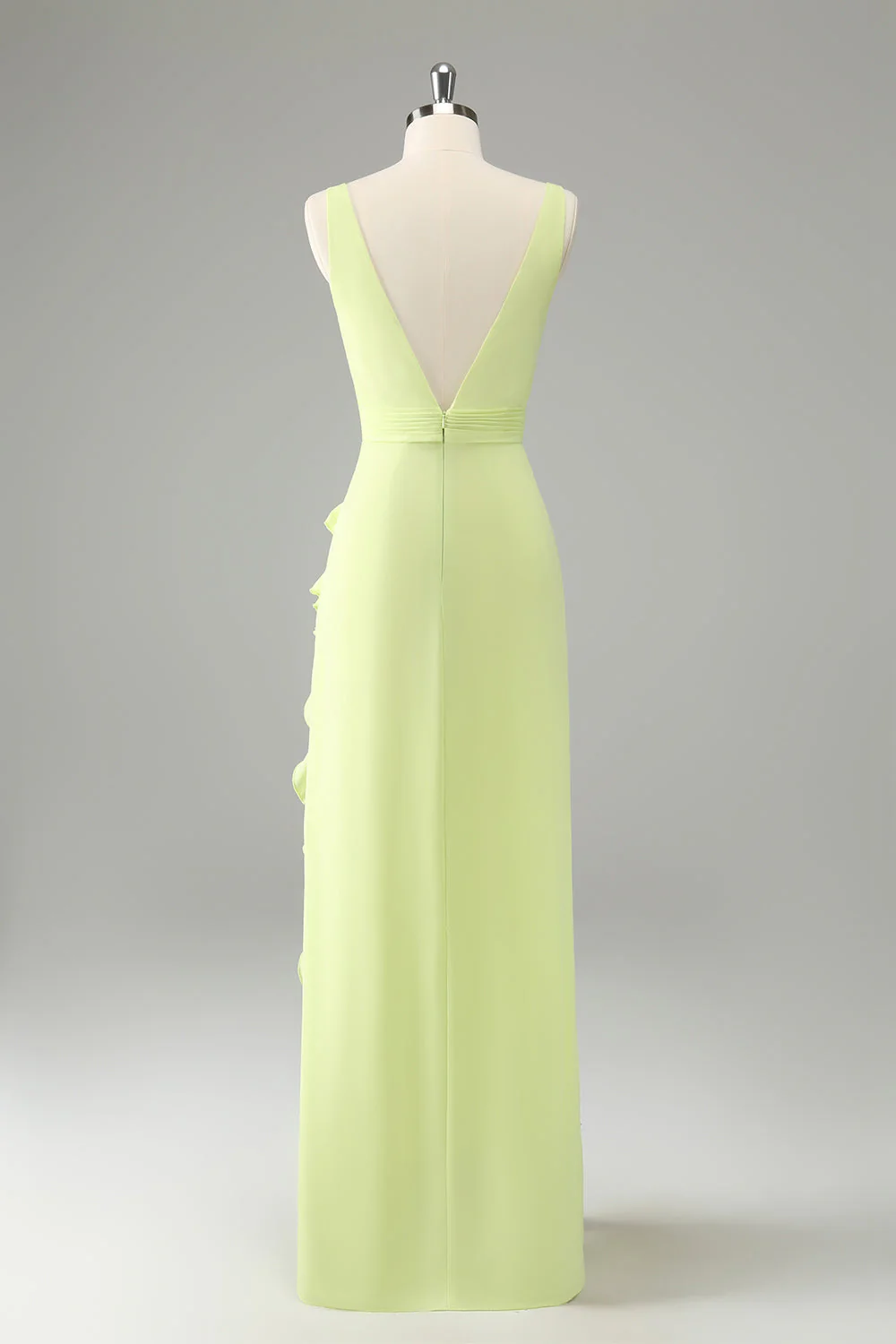 Robe d’invitée de mariage à volants à col en V profond lime avec fente - Image 2
