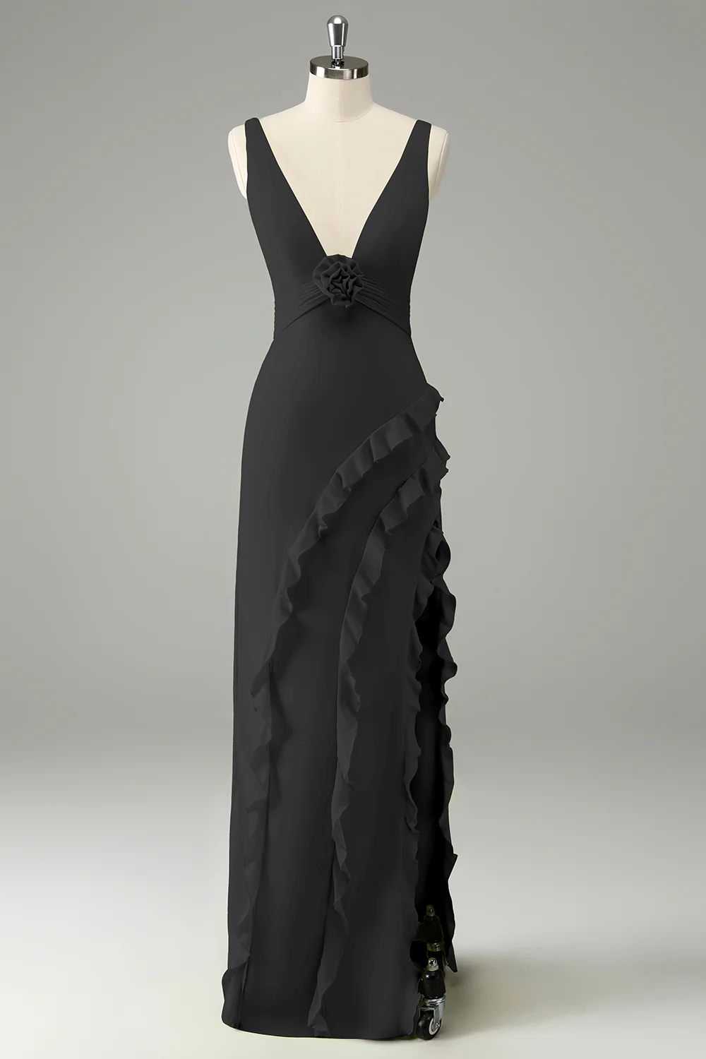 Robe d’invitée de mariage à volants à col en V profond lime avec fente - Image 7