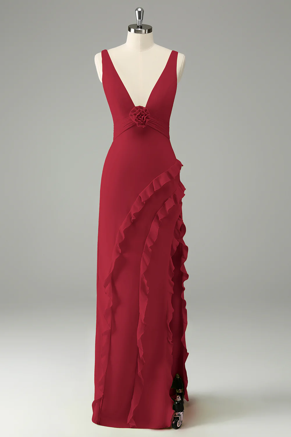 Robe d’invitée de mariage à volants à col en V profond lime avec fente - Image 9
