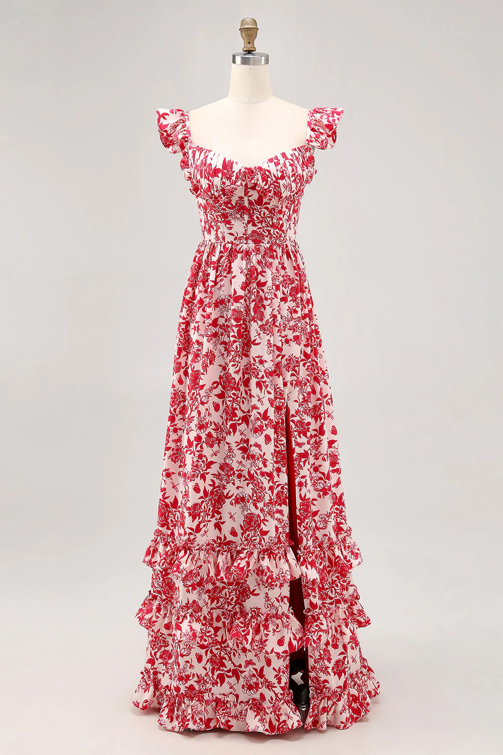 Robe d’invitée de mariage bleue imprimée à volants à épaules dénudées avec fente - Image 10