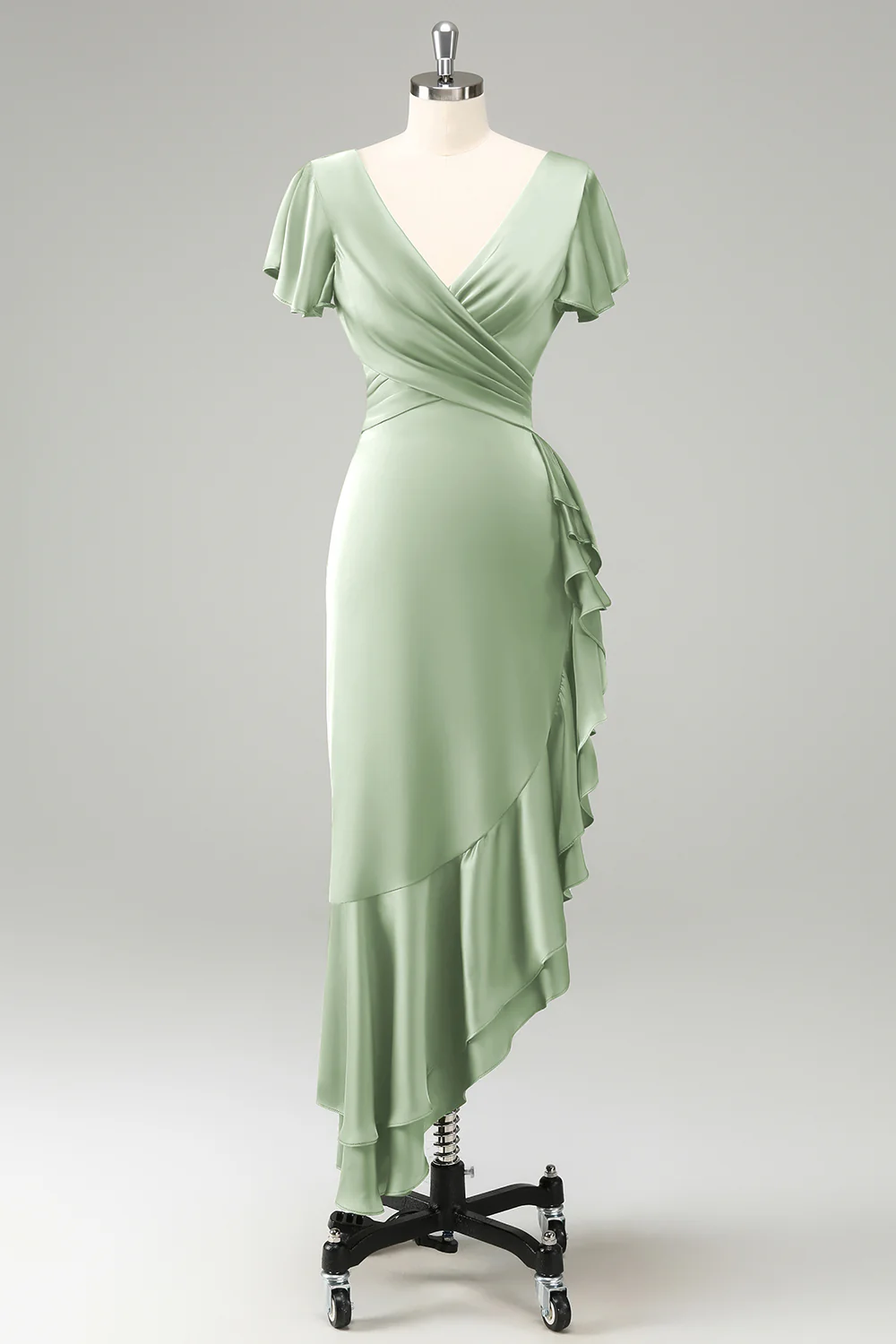 Robe d’invitée de mariage en satin à col en V bleu poussiéreux avec volants - Image 3