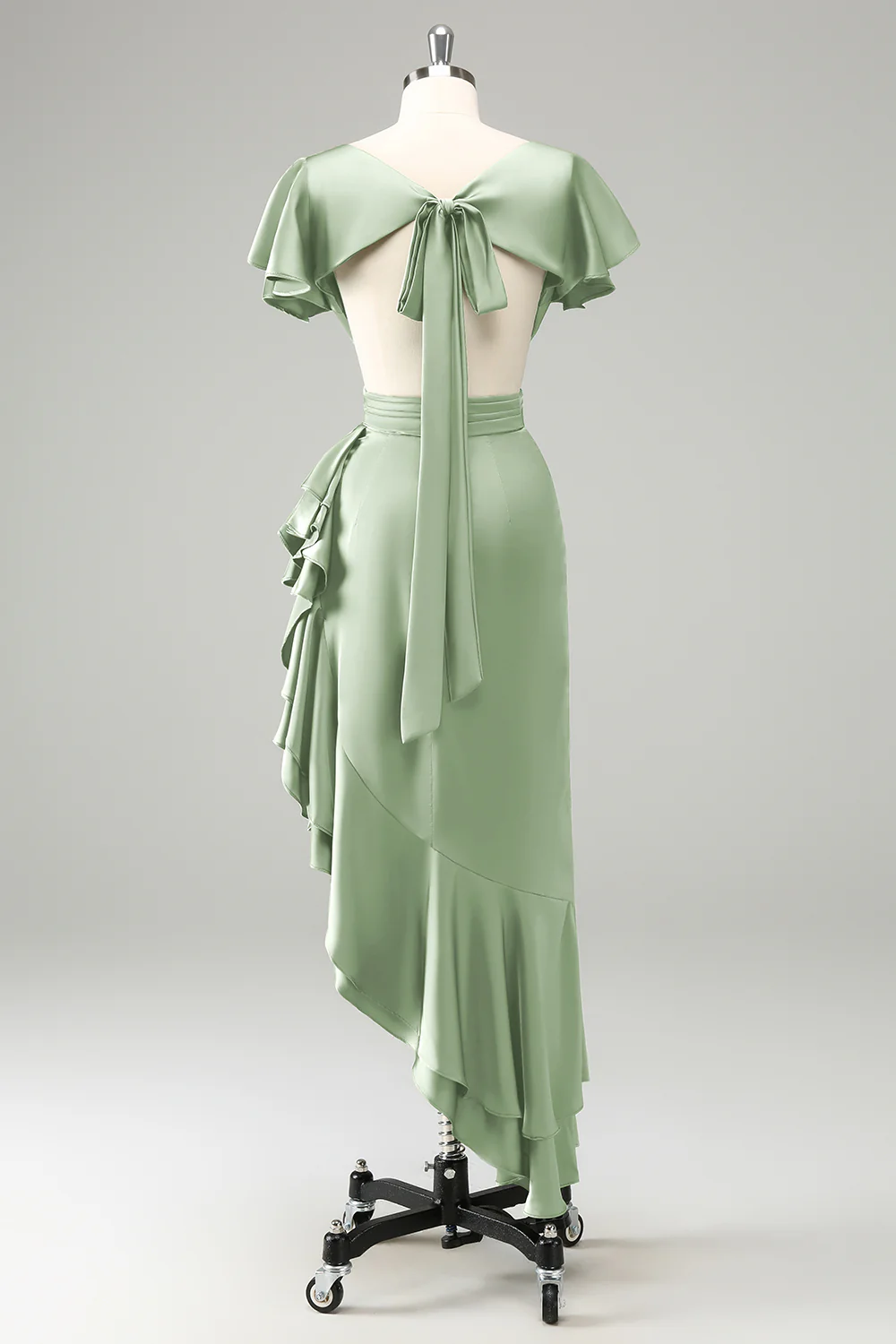 Robe d’invitée de mariage en satin à col en V bleu poussiéreux avec volants - Image 4