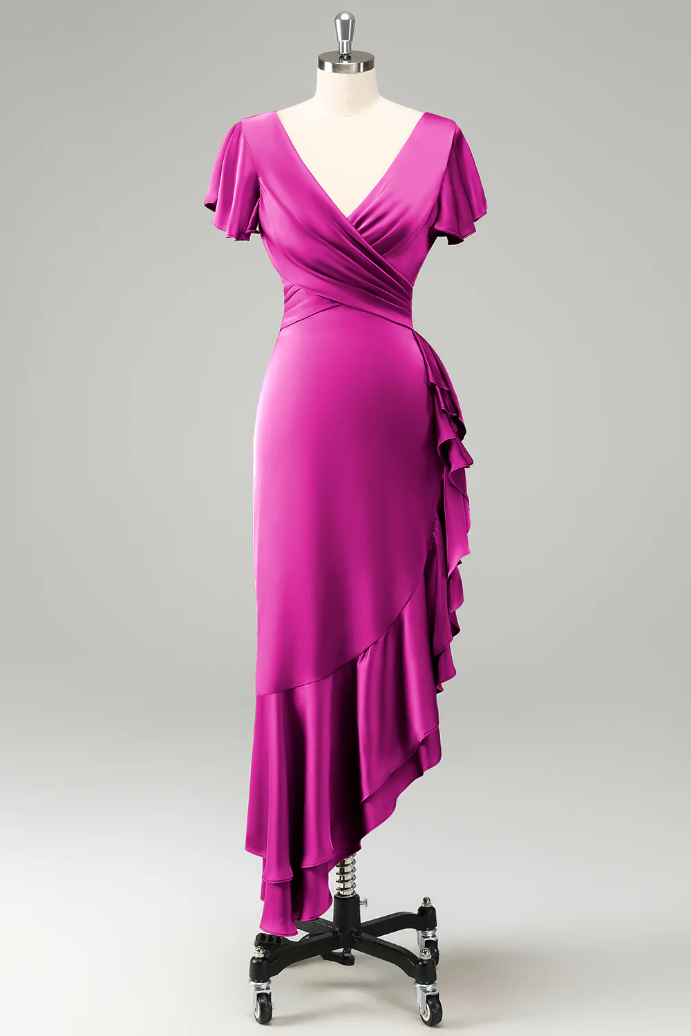 Robe d’invitée de mariage en satin à col en V bleu poussiéreux avec volants - Image 7