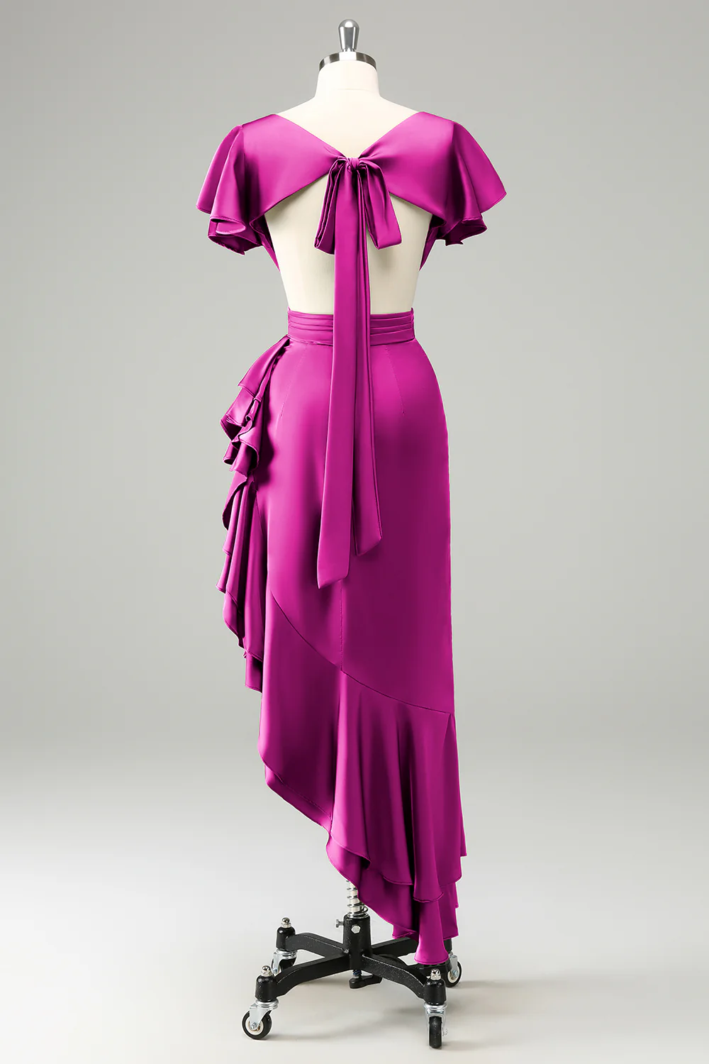 Robe d’invitée de mariage en satin à col en V bleu poussiéreux avec volants - Image 8