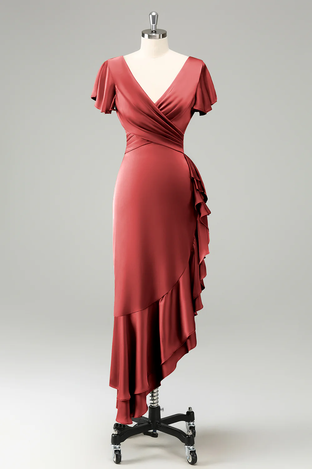 Robe d’invitée de mariage en satin à col en V crépuscule avec volants - Image 7