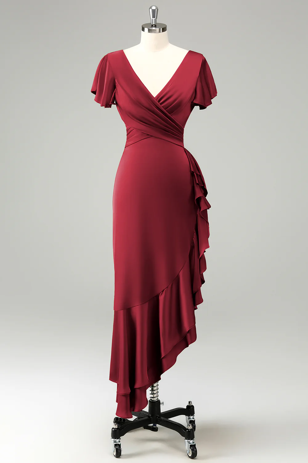 Robe d’invitée de mariage en satin à col en V olive avec volants - Image 9
