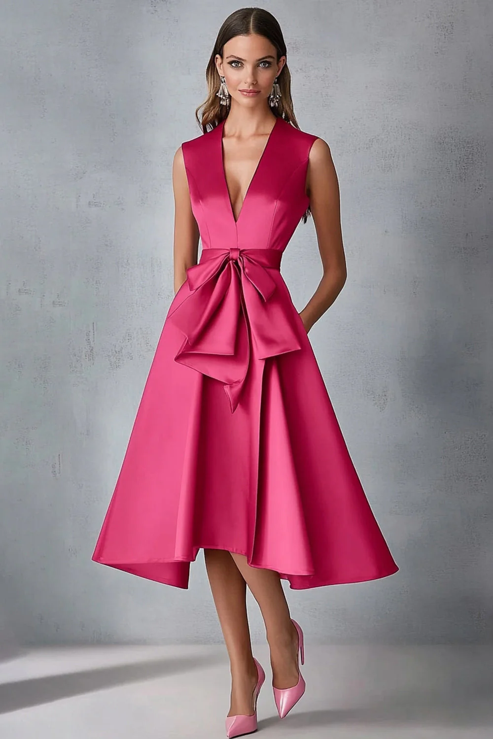 Robe d’invitée de mariage en satin fuchsia à col en V