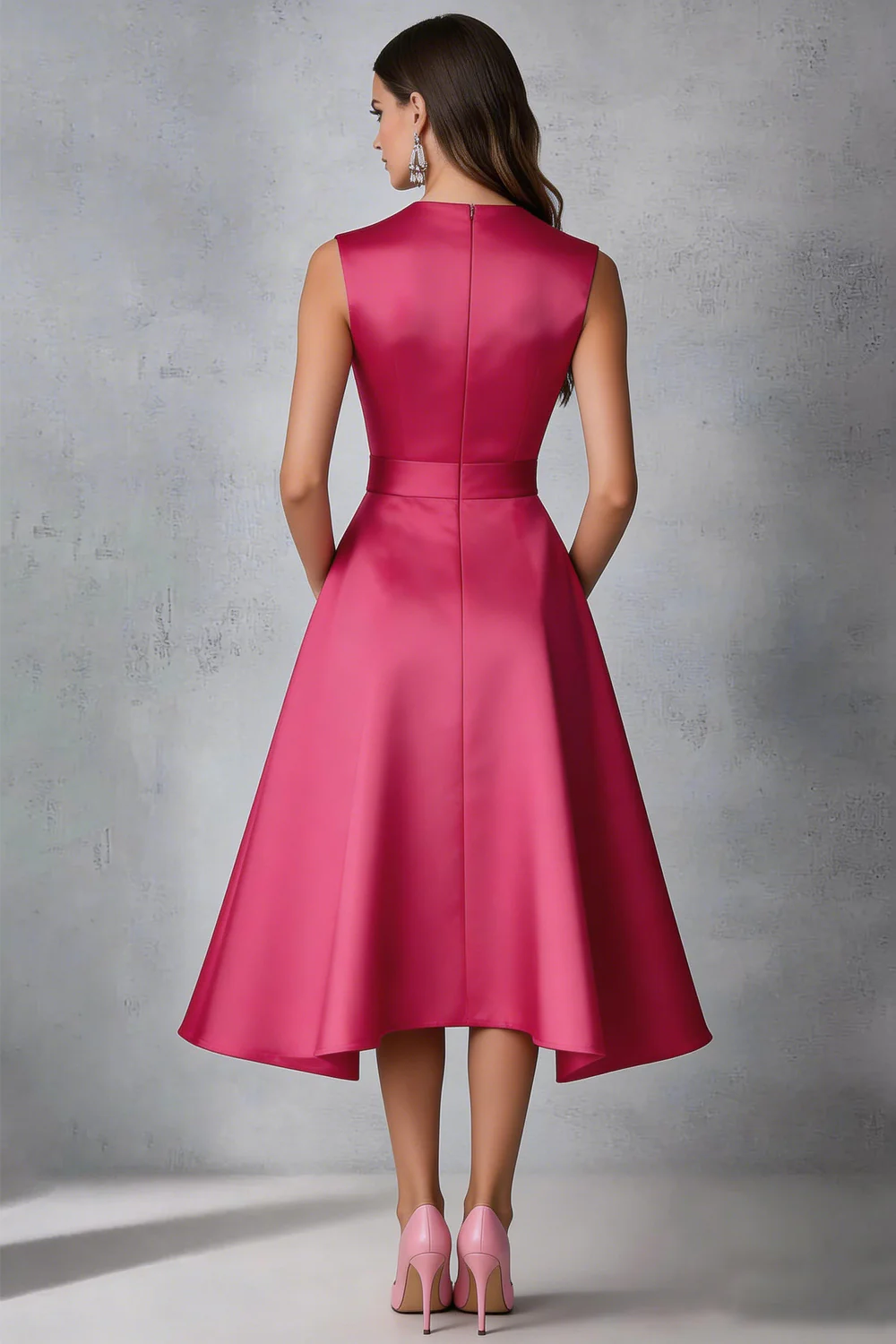 Robe d’invitée de mariage en satin fuchsia à col en V - Image 2