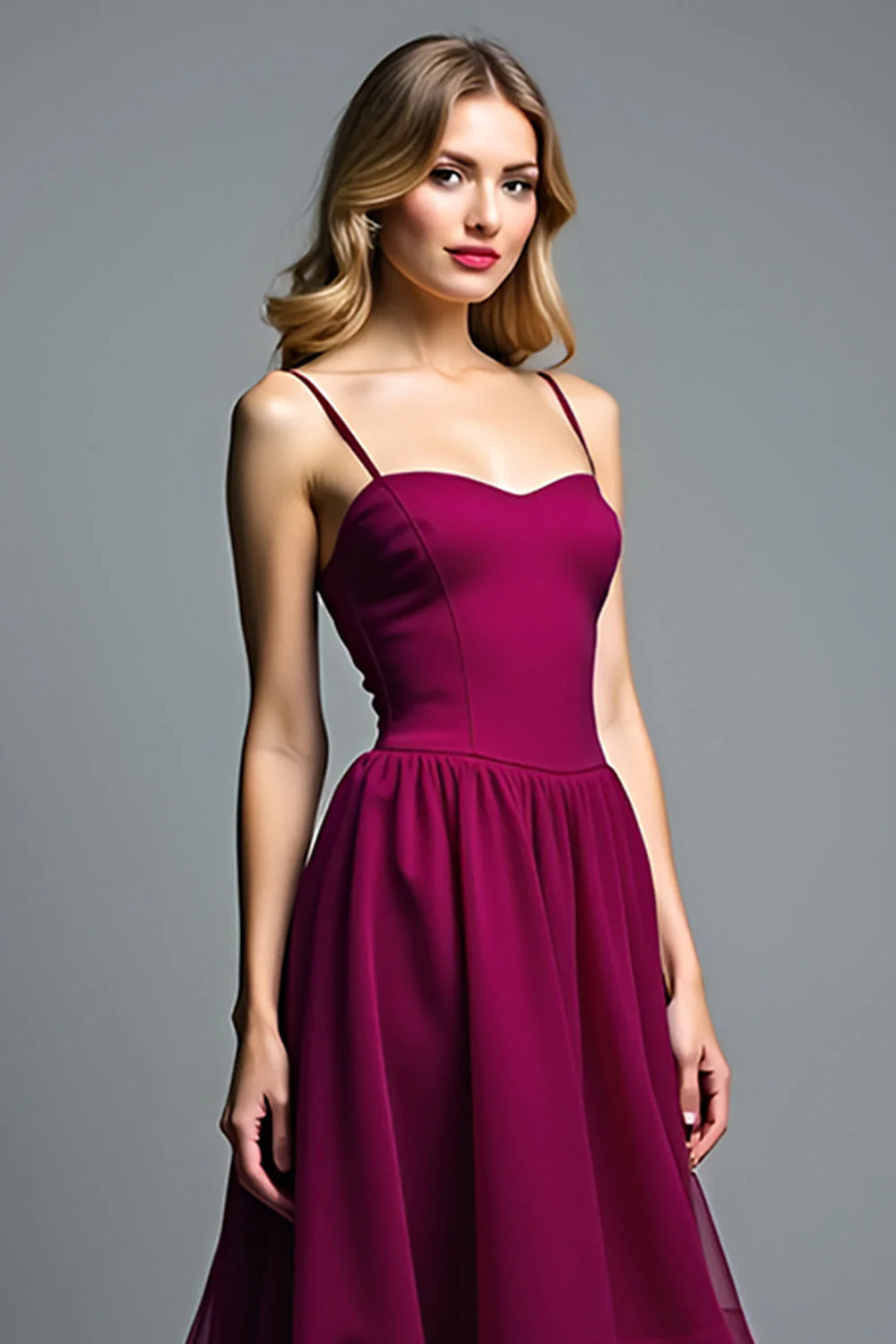Robe d’invitée de mariage longue a-ligne à bretelles spaghetti violet avec volants - Image 3
