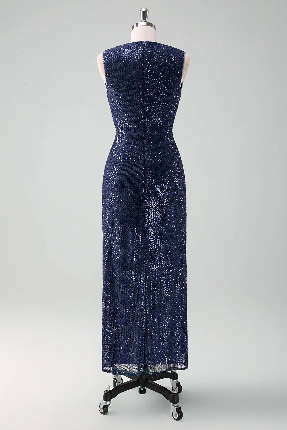 Robe d’invitée de mariage sans manches à sequins à col en V bleu marine - Image 2