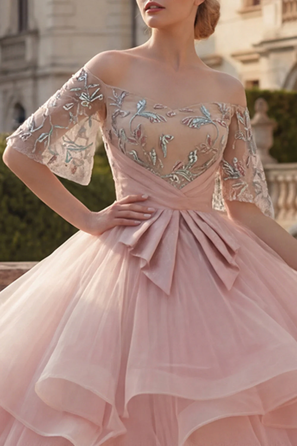 Robe de bal à blush décollée de l’épaule et volants Quinceañera - Image 3