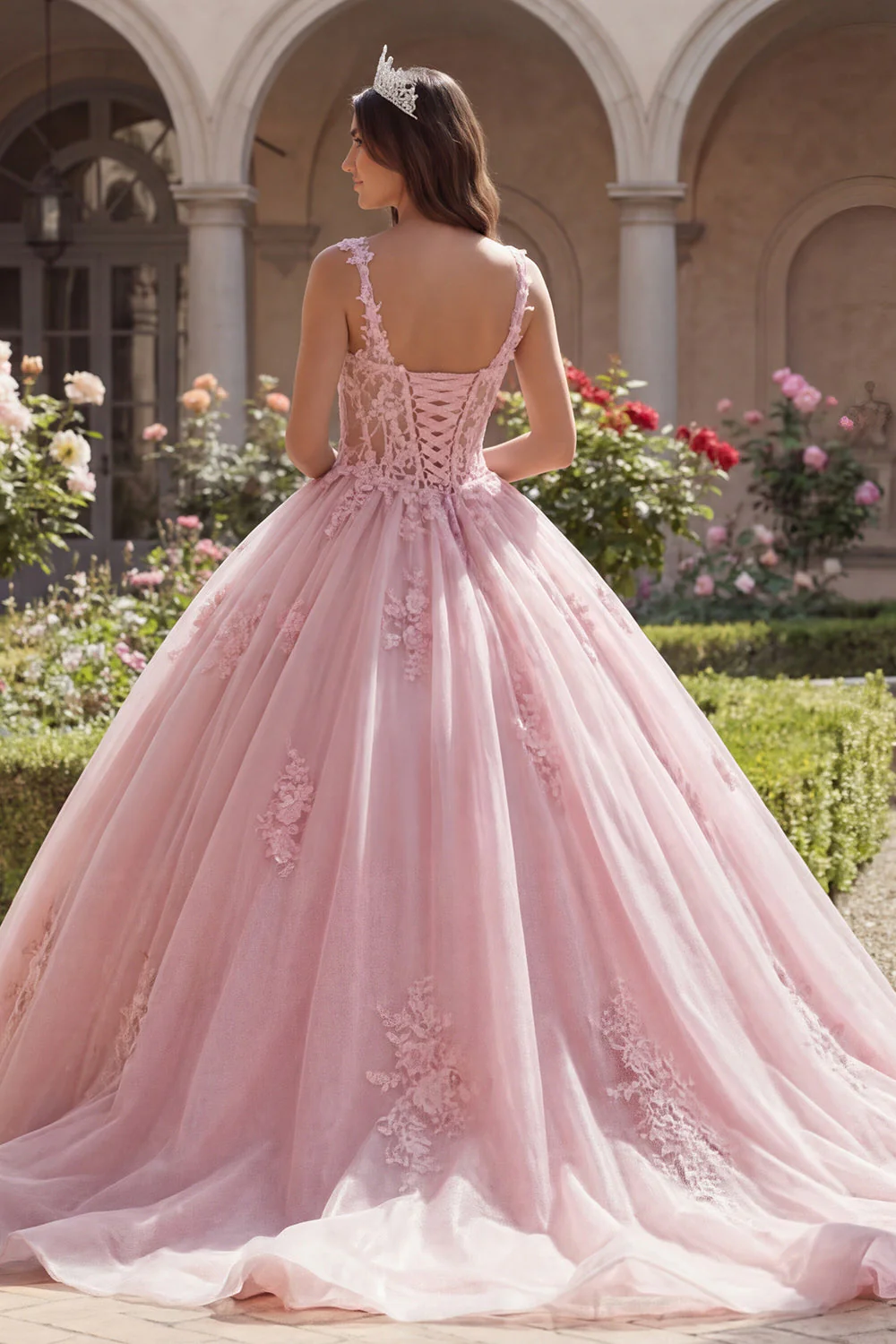 Robe de bal à bretelles fines roses Corset appliquée robe de bal Quinceañera - Image 2