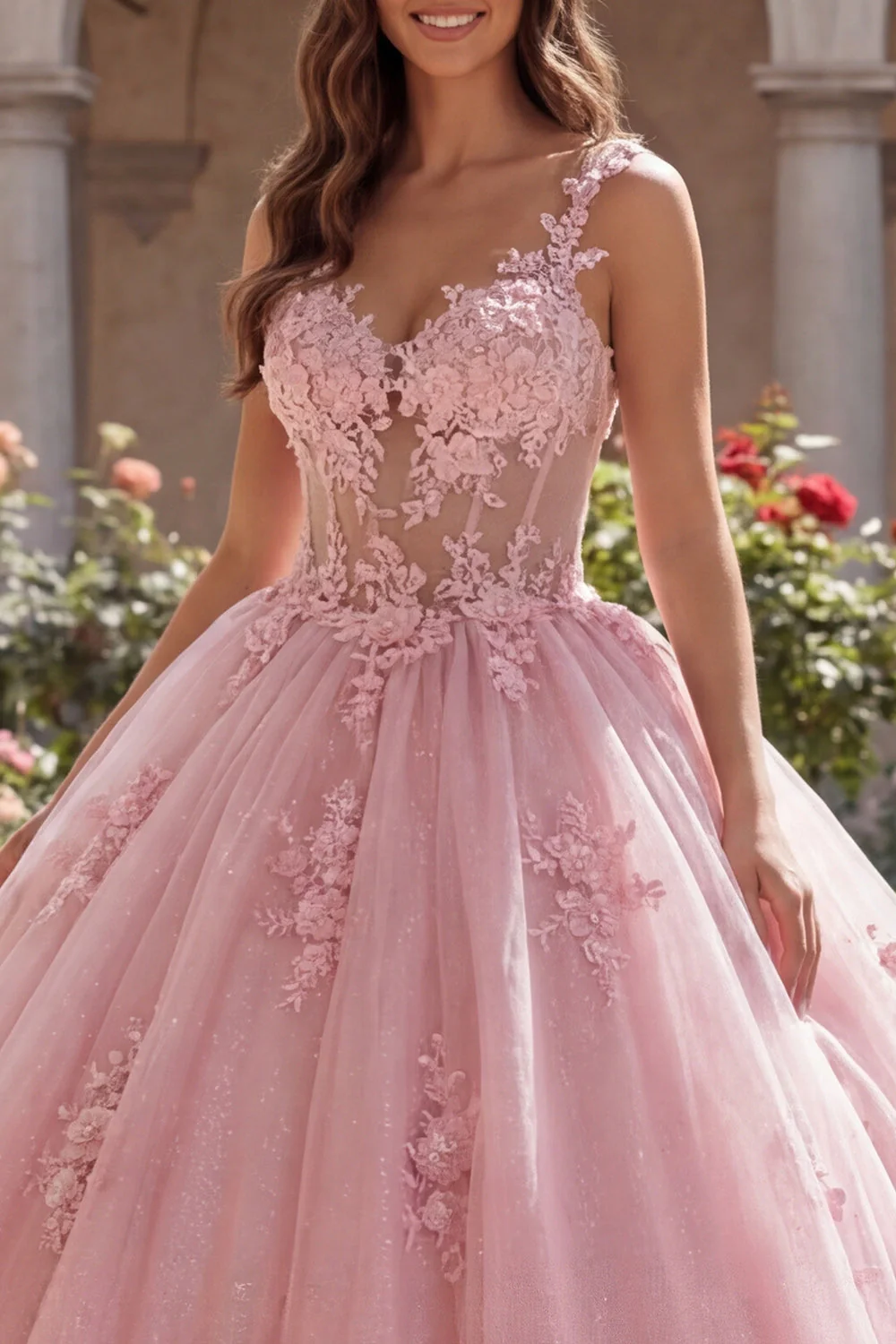 Robe de bal à bretelles fines roses Corset appliquée robe de bal Quinceañera - Image 3