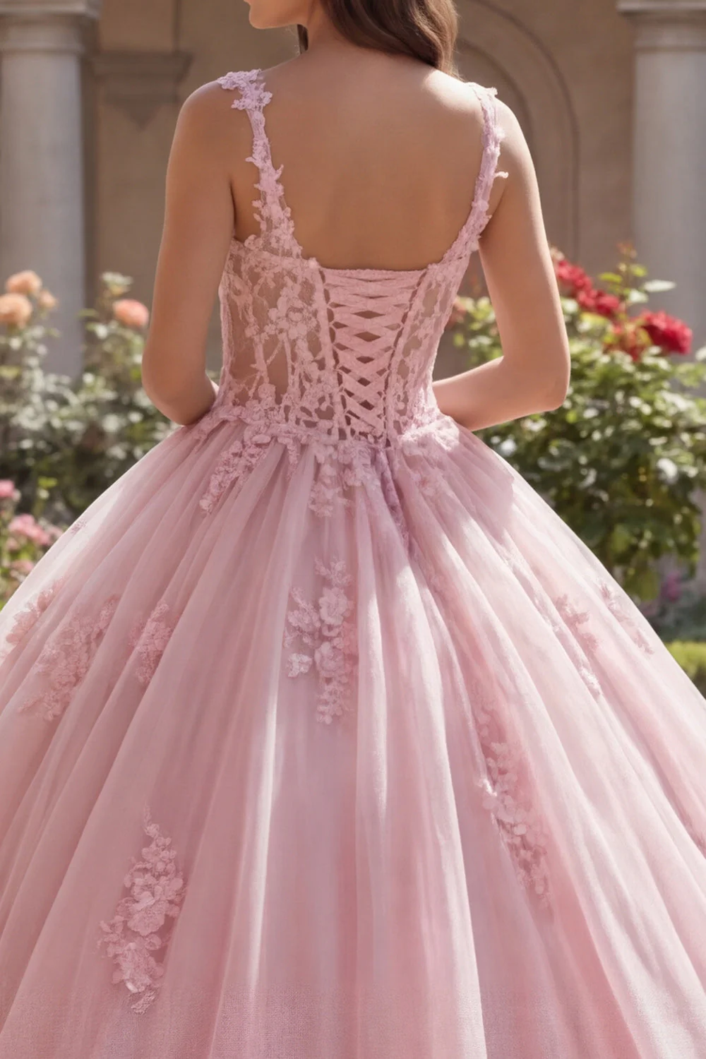 Robe de bal à bretelles fines roses Corset appliquée robe de bal Quinceañera - Image 4