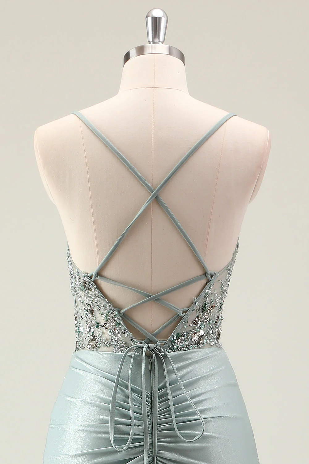 Robe de bal à bretelles spaghetti à paillettes scintillantes sirène bleu marine foncé avec fente - Image 11