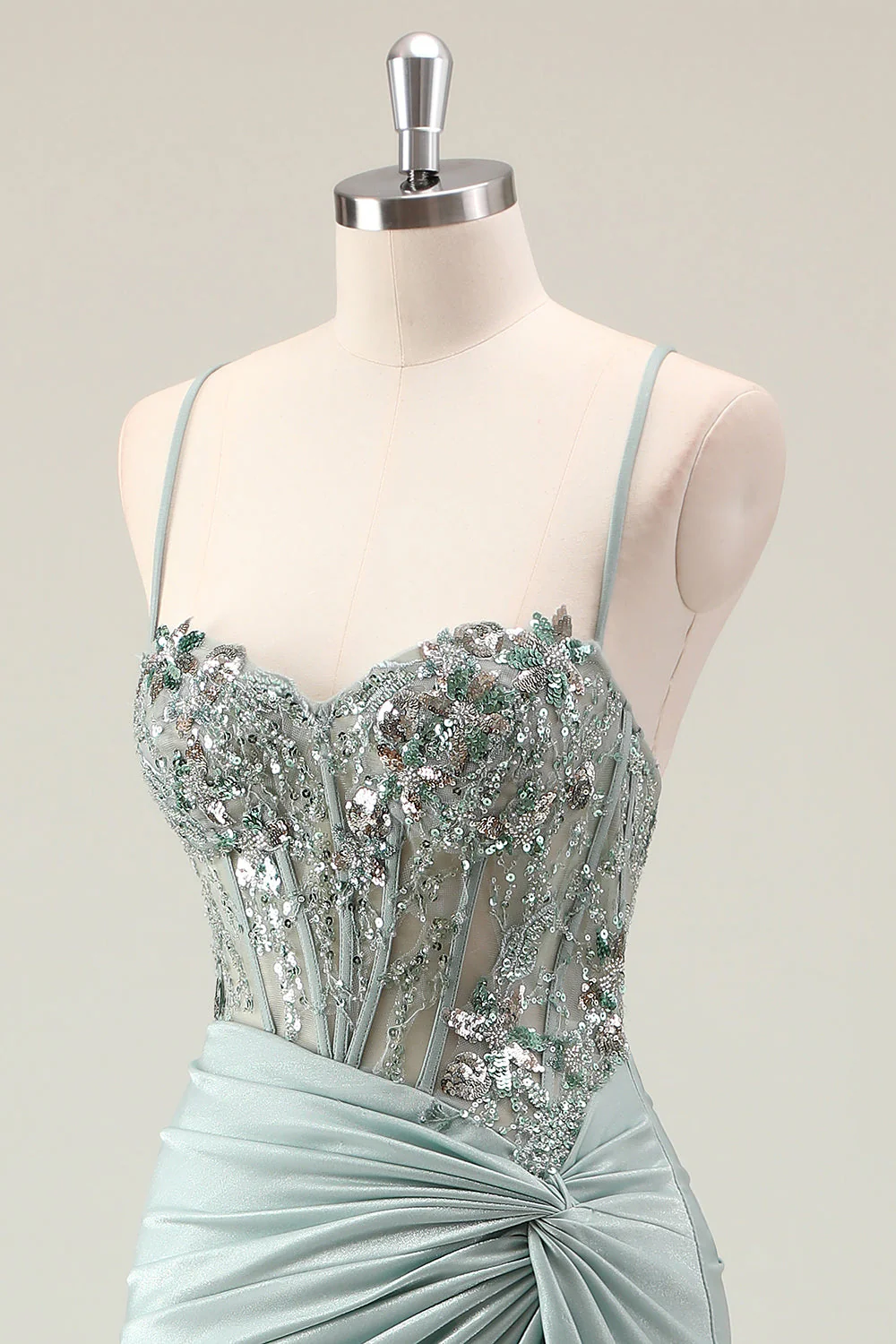 Robe de bal à bretelles spaghetti à paillettes scintillantes sirène bleu marine foncé avec fente - Image 12