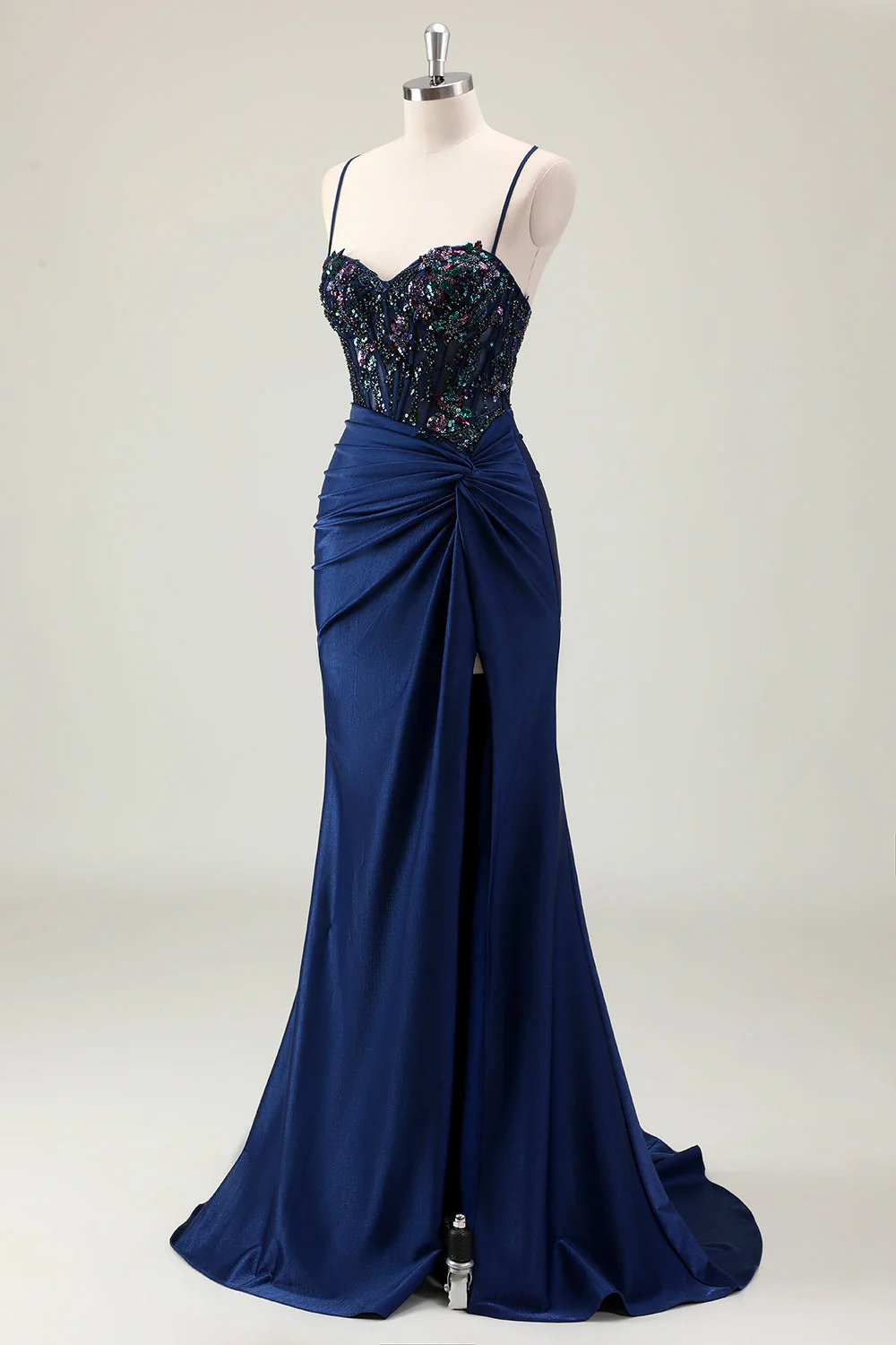 Robe de bal à bretelles spaghetti à paillettes scintillantes sirène bleu marine foncé avec fente - Image 3