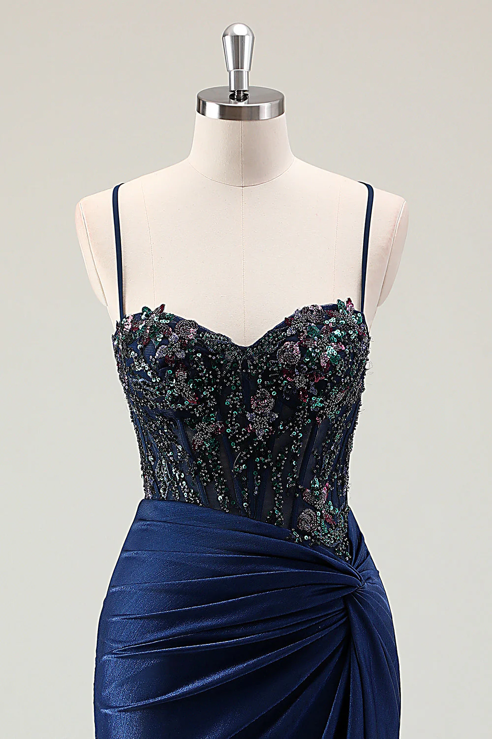 Robe de bal à bretelles spaghetti à paillettes scintillantes sirène bleu marine foncé avec fente - Image 4