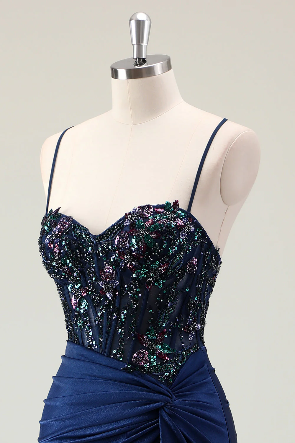 Robe de bal à bretelles spaghetti à paillettes scintillantes sirène bleu marine foncé avec fente - Image 6